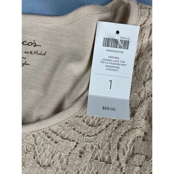 NWT Chico's Lenora Long Sleeve Lace Top Sand Pearl Size 1 US M Pullover Boho - Picture 5 of 8